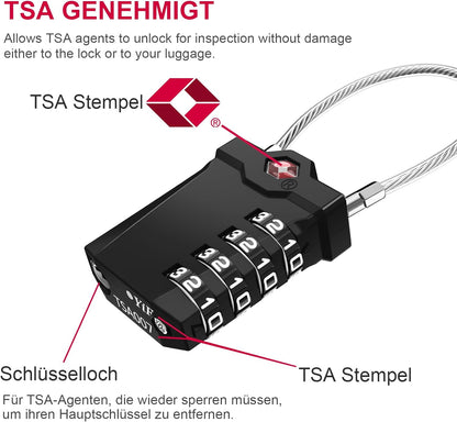 ZHEGE TSA Gepäckschloss, TSA Zahlenschloss Vorhängeschloss 4 Stellig, Schloss Rreisekoffer Mit Öffnung Alarmanzeige, TSA Kabelschloss Für Koffer, Gepäck, Tasche Waffenkoffer, Spind (2 Stücke, Schwarz)