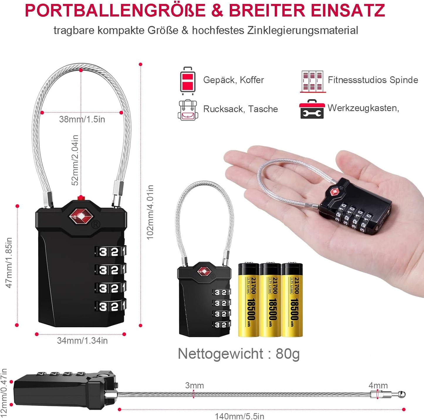 ZHEGE TSA Gepäckschloss, TSA Zahlenschloss Vorhängeschloss 4 Stellig, Schloss Rreisekoffer Mit Öffnung Alarmanzeige, TSA Kabelschloss Für Koffer, Gepäck, Tasche Waffenkoffer, Spind (2 Stücke, Schwarz)